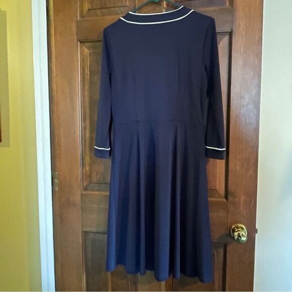 TALBOTS Navy with white contrast piping trim faux wrap dress, fully lined, sz S - Picture 6 of 15